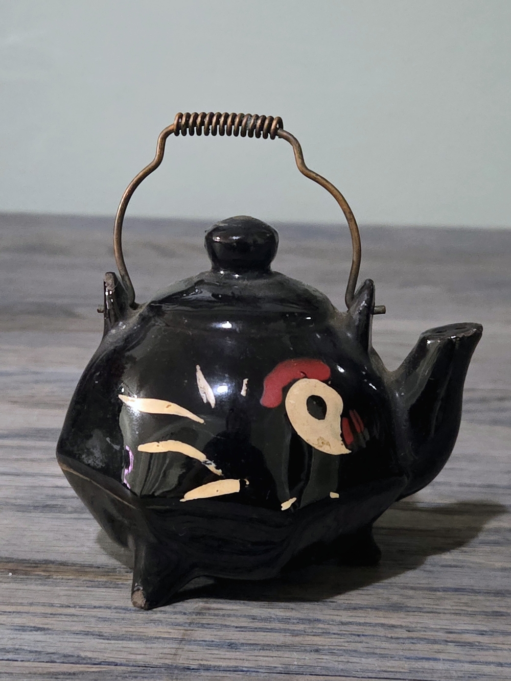 Black Hand-Painted Ceramic Teapot W/Corkscrew